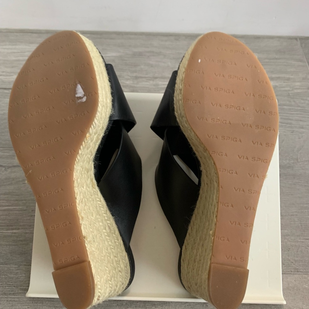 Via Spiga Black Leather Espadrille Sandal Wedges 8M - Picture 7 of 11